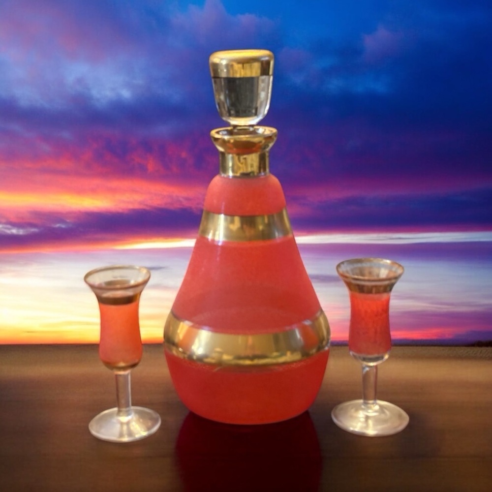 MCM French Bell Shaped Frosted Orange Decanter And Set Of Two Glasses.